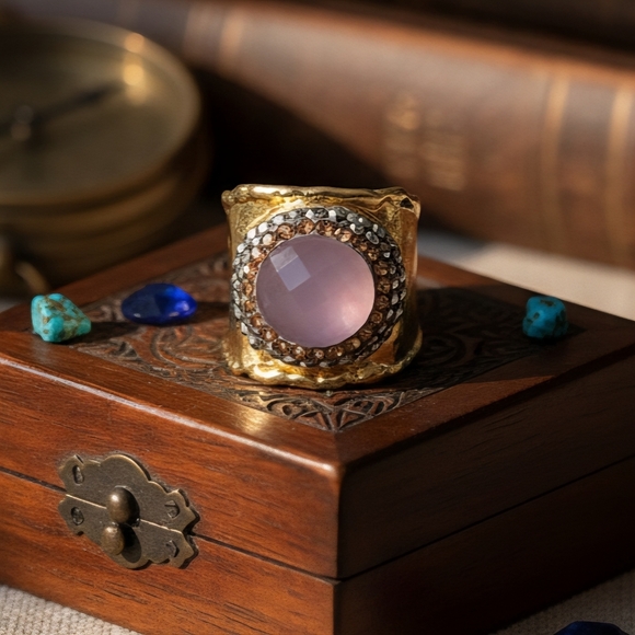 🆕️Boho Luxe Handmade Turkish Gold-Plated Wide Ring With Pink Cat’s Eye Hematite - Picture 5 of 12